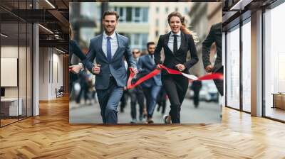 Group of businessmen in suits at running marathon competition run to finish line, concept of perfect candidate and team building work with colleagues. Wall mural