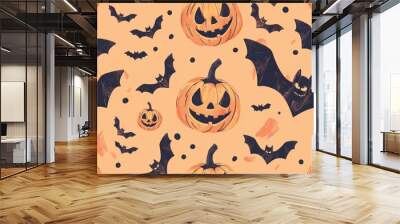 Halloween pattern with pumpkins and bats Wall mural