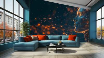 Human head with a glowing brain and futuristic luminescent neural connections and synapses, representing the concept of advanced cognitive function and artificial intelligence. Wall mural