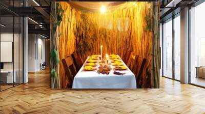 Jewish festival of Sukkot in Israel. Traditional sukkah with handmade decorations in private garden outside on the street.  Wall mural