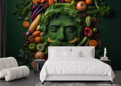 Man face portrait composed and made of vegetables and fruits, flat lay top view, food art styling. Creative food concept.  Wall mural