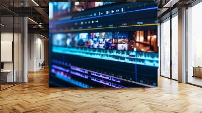 A close-up shot of a computer monitor displaying a video editing timeline. The timeline shows various video clips arranged in a sequence Wall mural