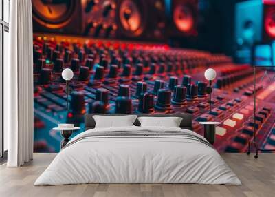 A close-up shot of a professional audio mixing console, showcasing its intricate knobs and buttons, with a blurred background of a recording studio Wall mural