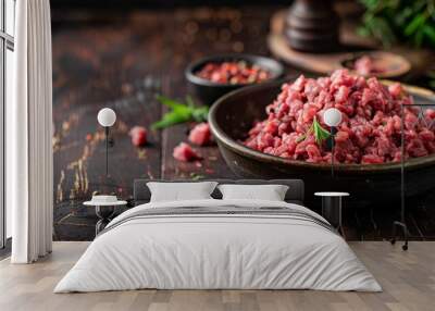 A close-up view of a bowl of fresh raw minced beef on an old dark wooden table background Wall mural