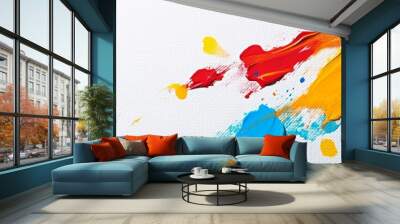 A closeup view highlights vibrant acrylic paint splatters in bold colors on a white canvas, illustrating a lively and chaotic artistic expression filled with energy Wall mural