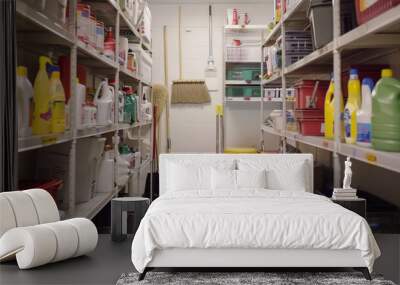 A commercial janitorial closet with white metal shelves filled with cleaning supplies and brooms. Red and yellow buckets are on the floor, and there is copyspace on the right side of the image Wall mural