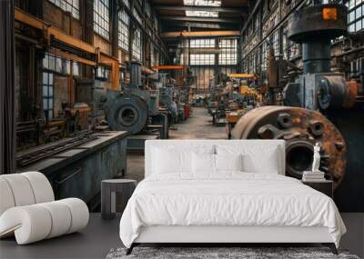 A craftsman is focused on his work in a large workshop equipped with various tools and machines, highlighting a productive and organized environment Wall mural