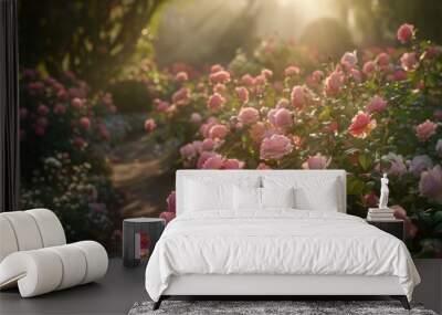 A field filled with blooming pink roses under the sunlight streaming through the trees in a garden Wall mural