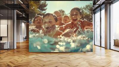 A group of children joyfully splash each other in a swimming pool on a sunny day Wall mural