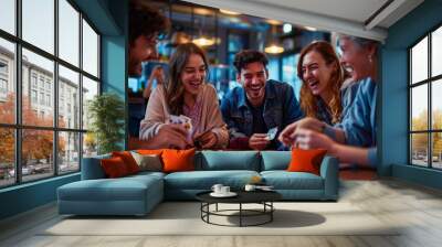 A group of friends engrossed in a game of Monopoly, laughing and strategizing as they enjoy a fun game night together Wall mural