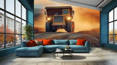 A large dump truck is driving down a dirt road at a construction site during sunset Wall mural