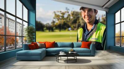 A man in maintenance attire standing in front of a vibrant green golf course Wall mural