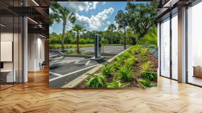 A parking lot filled with trees and plants, with an electric vehicle charging station visible in the center Wall mural