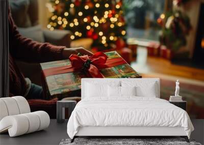 A person wraps a colorful present with bright holiday paper and a ribbon, preparing for a joyful celebration in a warm, decorated living space Wall mural