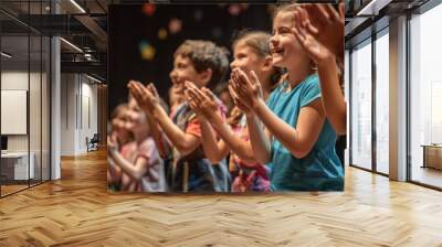 A side view of children smiling and taking a bow on stage after a successful theater performance Wall mural