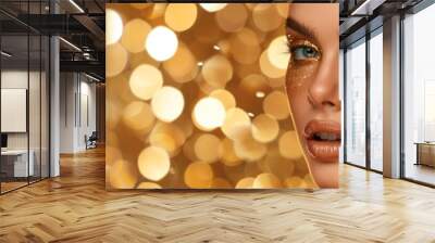 A stunning model wearing gold glitter makeup poses elegantly in front of a shiny gold background Wall mural