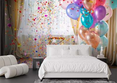 A vibrant corner of a party room is decorated with shimmering streamers and colorful balloons, setting the perfect mood for a celebration Wall mural