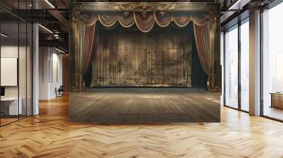 Ornate theatrical stage with closed curtains and wooden floor, set for a performance Wall mural