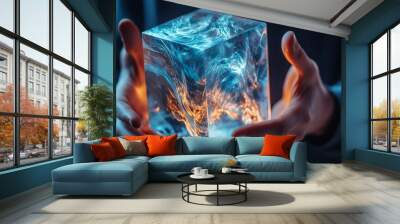 Two hands grasp a clear cube that features vibrant swirling patterns of blue and orange, creating a mesmerizing visual effect in a dimly lit space Wall mural