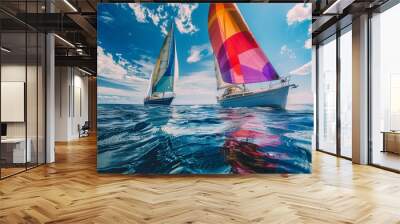 Two vibrant sailboats engaged in a competitive race on a sunny day in the open ocean Wall mural