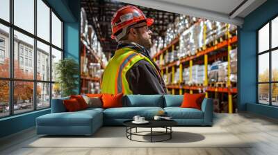 Warehouse Worker Overseeing Safety in Storage Facility Wall mural