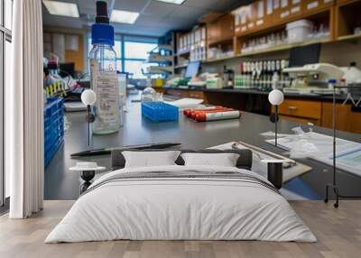 Wide-angle view of a cluttered laboratory bench with a bottle of liquid and a pen placed on it, amidst research papers Wall mural