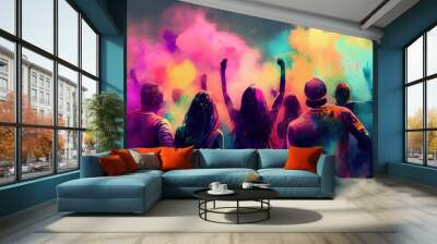 People celebrating the Holi festival of colors in Nepal or India outdoor on the streets. Traditional Gulal color paint powder for Holi. Wall mural