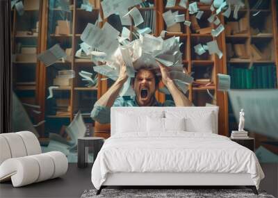 Person in the office appears desperate, holding their head while piles of documents clutter the desk, with papers flying around the room. The concept depicts overload and excessive work. Wall mural