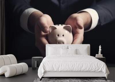 Piggy bank in businessman hands. Concept of finance, credit and mortgage, investment, economy and money savings.  Wall mural