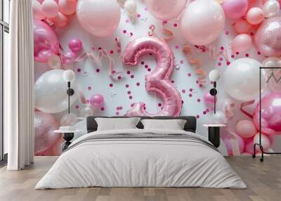 Pink balloon number 3 birthday celebration party decor Wall mural