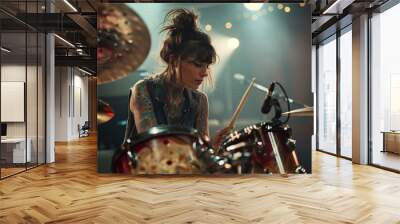 Professional drum set closeup. Beautiful young tattooed woman drummer with drumsticks playing drums and cymbals, on the live music rock concert or in recording studio. Female drummer. Wall mural