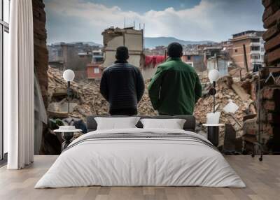 Refugees, view from the back, looking at damaged homes. Homeless people in front of destroyed home buildings because of earthquake or war missile strike. Refugees, war and economy crisis. Wall mural