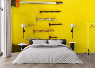 screwdrivers and screws on a colored background Wall mural