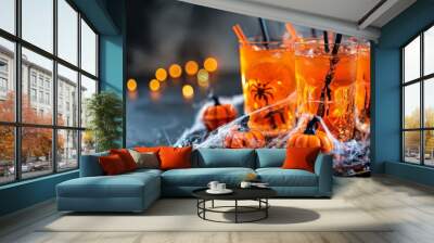 Spooky halloween orange drinks with pumpkins Wall mural