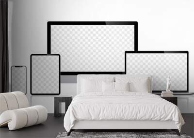 Realistic set of computer monitors desktop laptop tablet and phone reflect with checkerboard screen and white background V2. Isolated illustration vector illustrator Ai EPS	 Wall mural