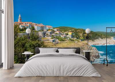 Adriatic town of Vrbnik on Island of Krk in Croatia, panoramic view, houses on rock above the sea Wall mural