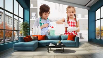 Kids washing the dishes in the kitchen Wall mural