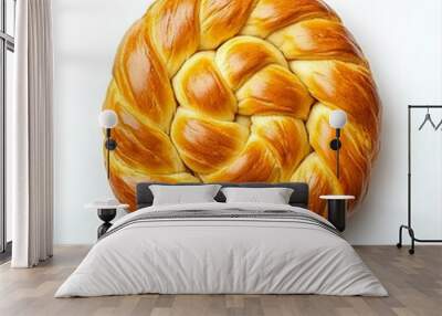 Golden braided bread, isolated on white background, top view. Wall mural