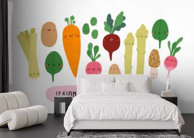 Vector illustration with Seasonal Spring Vegetables on a white background. Smiley cartoon food characters - Leek, Baby Potato, Spinach, Carrot, Beet, Sweet Beans, Radish. Healthy vegetables banner. Wall mural