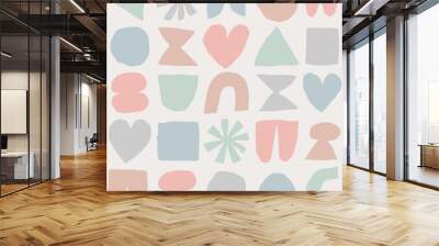 Vector pattern with different abstract shapes. Artistic texture with paper cut elements. Modern background with cutout circle, heart, square, triangle, and other abstract shapes Wall mural