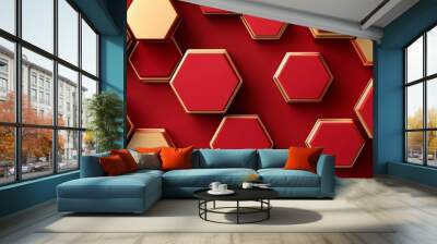 Abstract Background of Red and Gold Hexagonal Shapes, Futuristic Geometric Pattern, 3D Illustration Wall mural