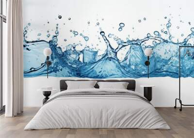 Abstract blue water wave with splashes and drops on white background for design projects Wall mural