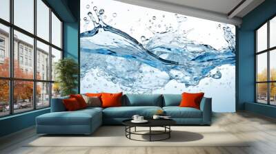 Abstract blue water wave with splashes and drops on white background   refreshing aquatic design Wall mural