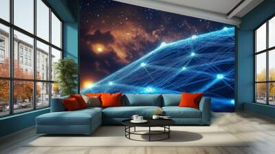 Abstract Blue Wavy Grid With Glowing Points Connecting Lines On Dark Blue Space Background, Wall mural