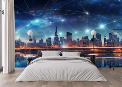 Abstract modern cityscape with wireless network and connection technology concept Wall mural