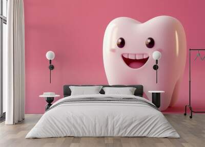 Adorable 3d cartoon tooth character on pastel color background with copy space for text Wall mural