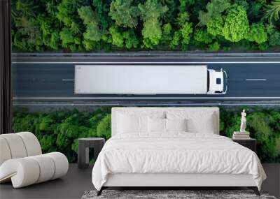 Aerial drone view of car and truck driving on road amidst lush green forest scenery Wall mural