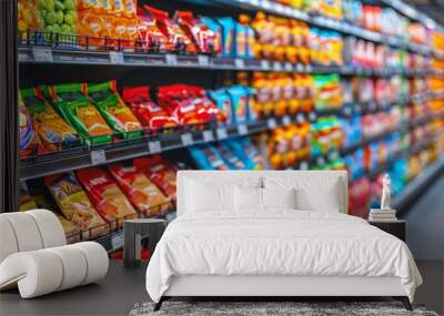 Aisle in a Supermarket, Variety of Snacks on Shelves. Selective Focus, Blurred Background. Wall mural