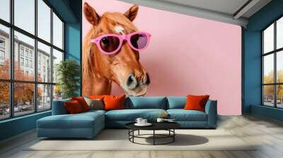 Amusing horse in sunglasses on pastel background with text space, isolated for design projects Wall mural