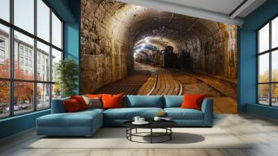 An old abandoned mine tunnel features rusty metal rails and rough stone walls, creating a dark and spooky atmosphere that evokes a sense of history and mystery. Wall mural